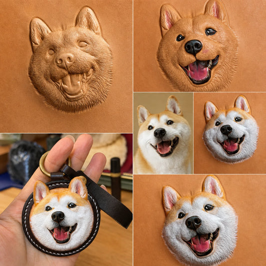 Custom Handmade Leather Pet Portrait Keychain