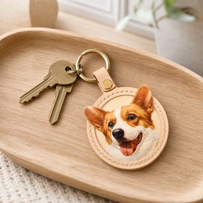 Custom Handmade Leather Pet Portrait Keychain
