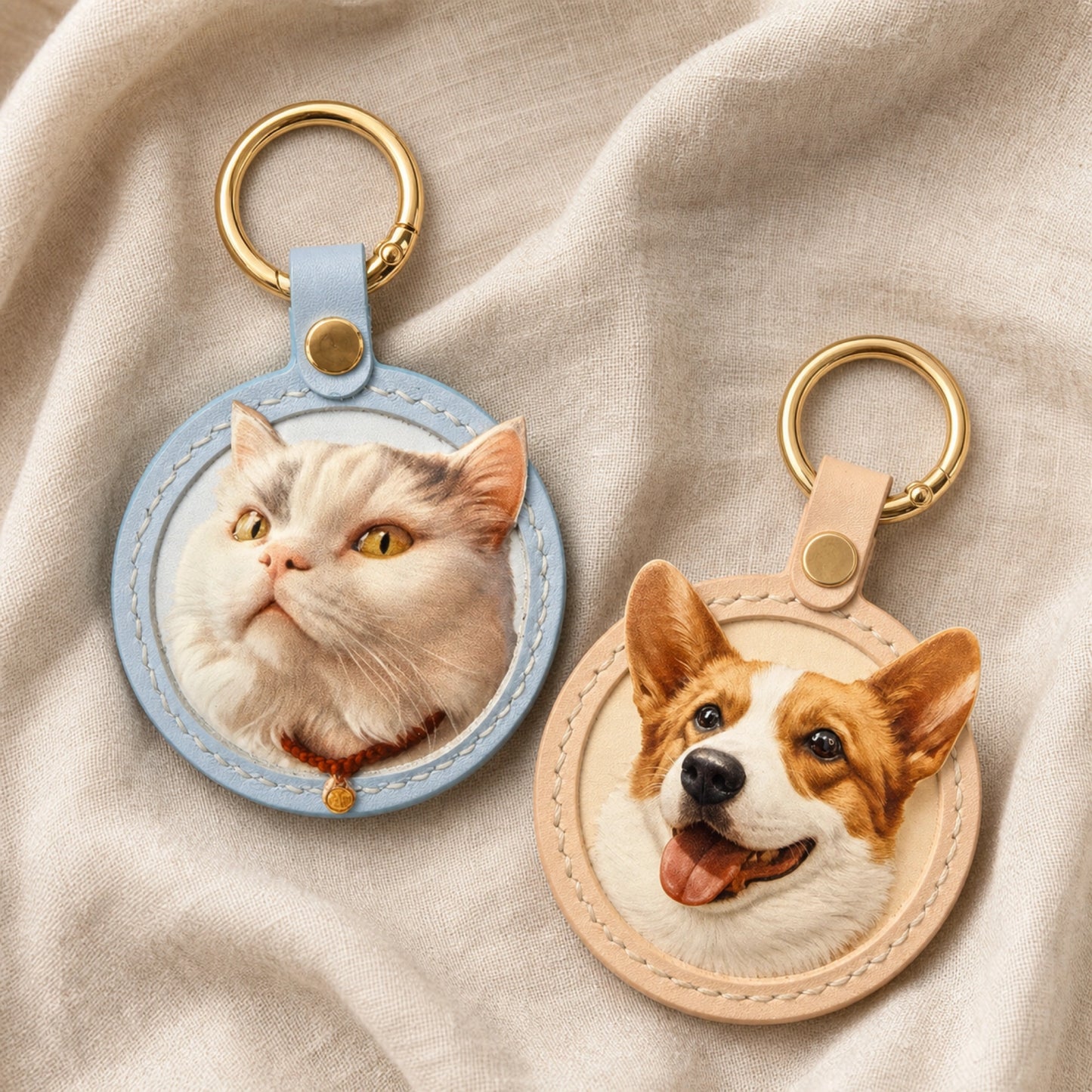 Custom Handmade Leather Pet Portrait Keychain