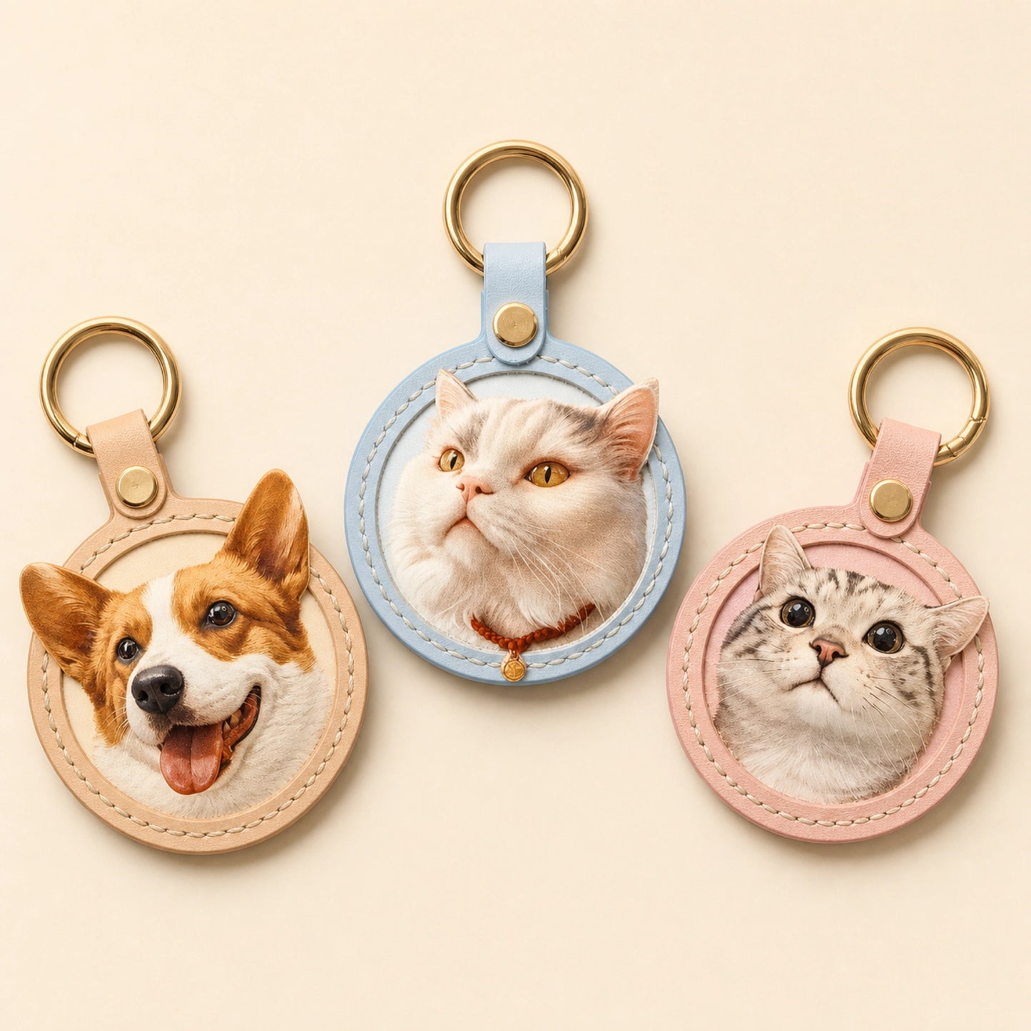Custom Handmade Leather Pet Portrait Keychain