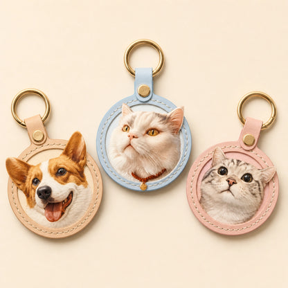 Custom Handmade Leather Pet Portrait Keychain