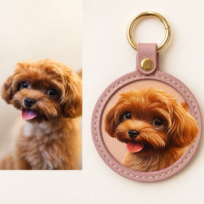 Custom Handmade Leather Pet Portrait Keychain