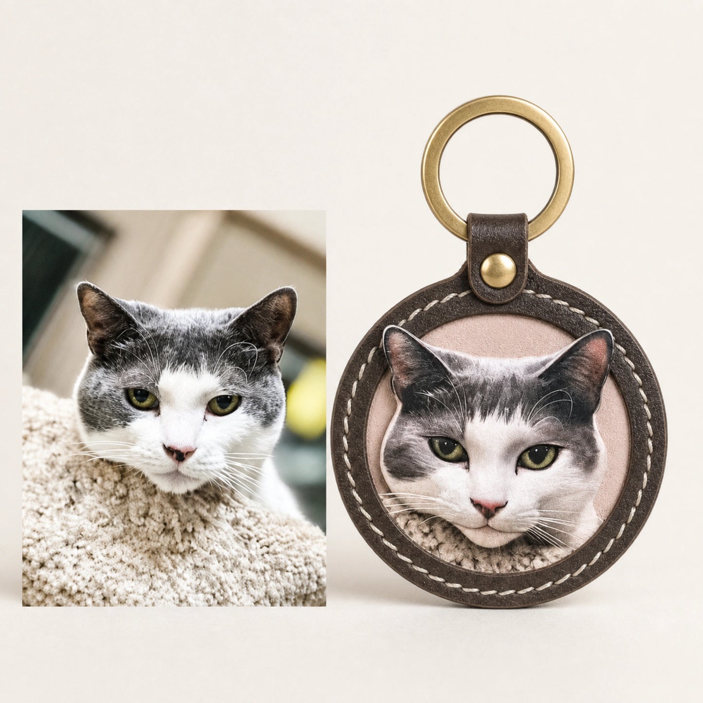 Custom Handmade Leather Pet Portrait Keychain