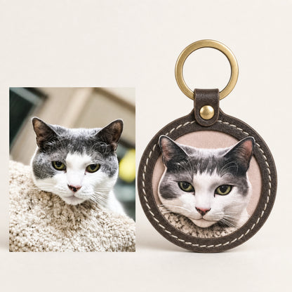 Custom Handmade Leather Pet Portrait Keychain