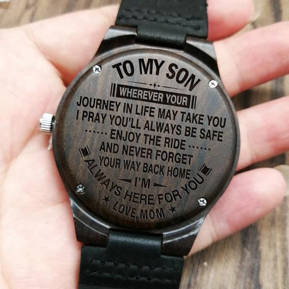 MOM TO SON - WHEREVER YOUR | ENGRAVED WOODEN WATCH